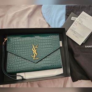 YSL SAINT LAURENT envelope flap embossed croc clutch green